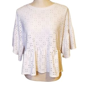 REVIVE | Women's white eyelet embroidered peplum top. Size large.